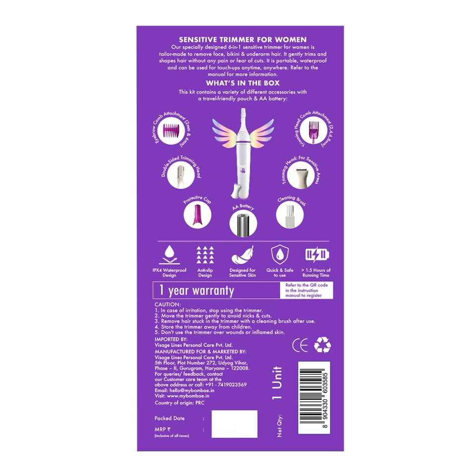 Bombae 6-in-1 Trimmer for Bikini & Facial Hair Removal