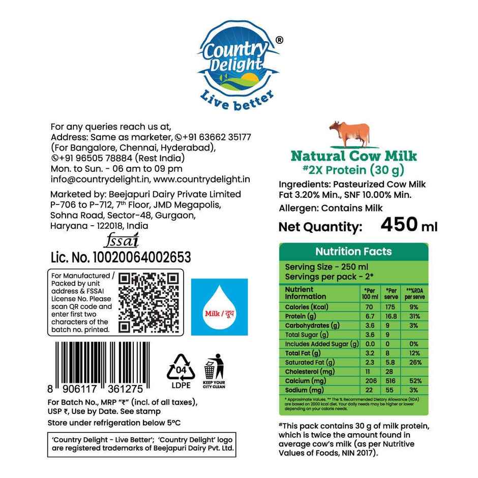 Country Delight Natural Fresh Cow Milk | 25g Protein | Pouch