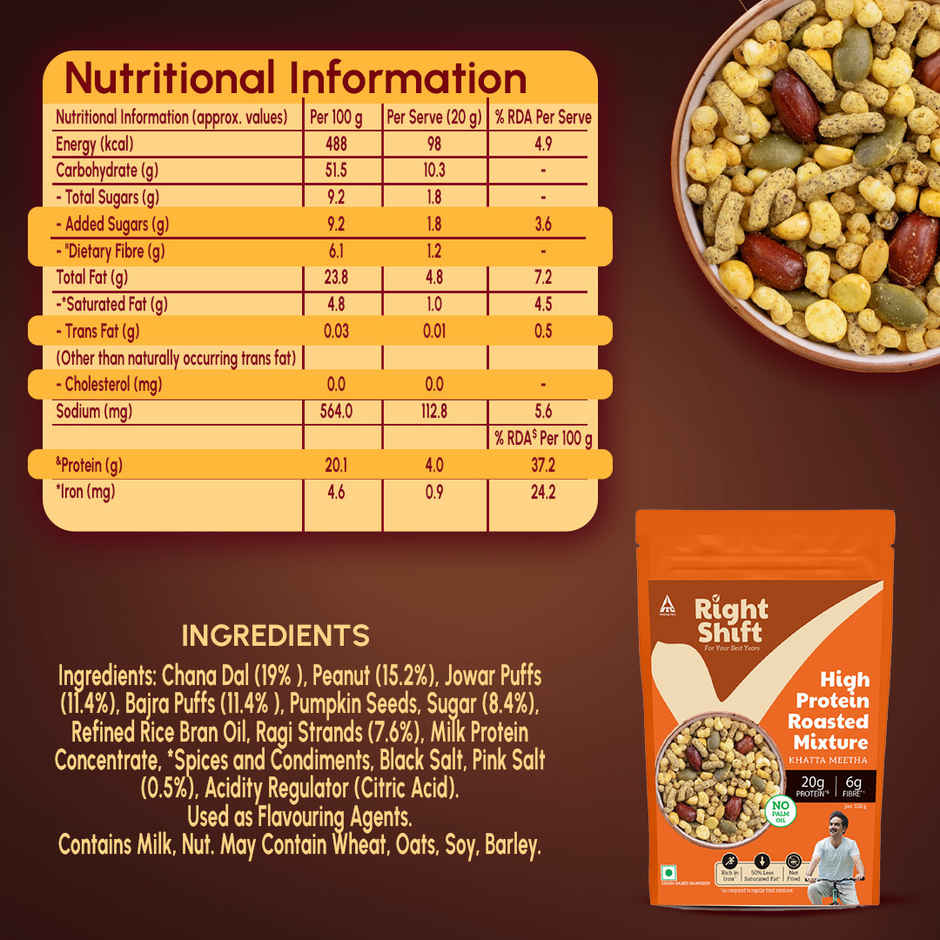 Right Shift High Protein Roasted Mix, Khatta Meetha, No Palm Oil, 20g Protein, Not Fried, 6g Fibre