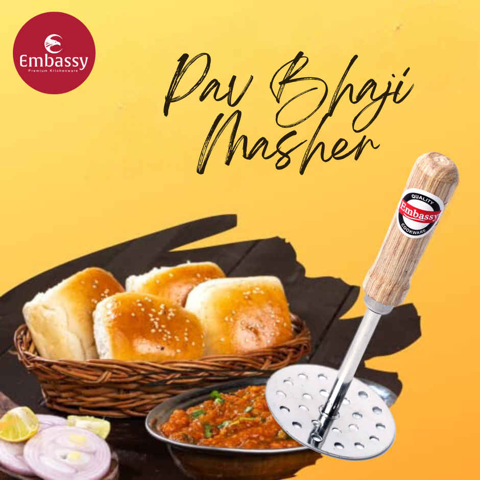 Embassy Pav Bhaji Masher, Size 3 (Wood Handle), Stainless Steel (Mashing Vegetables, Baby Food etc.)