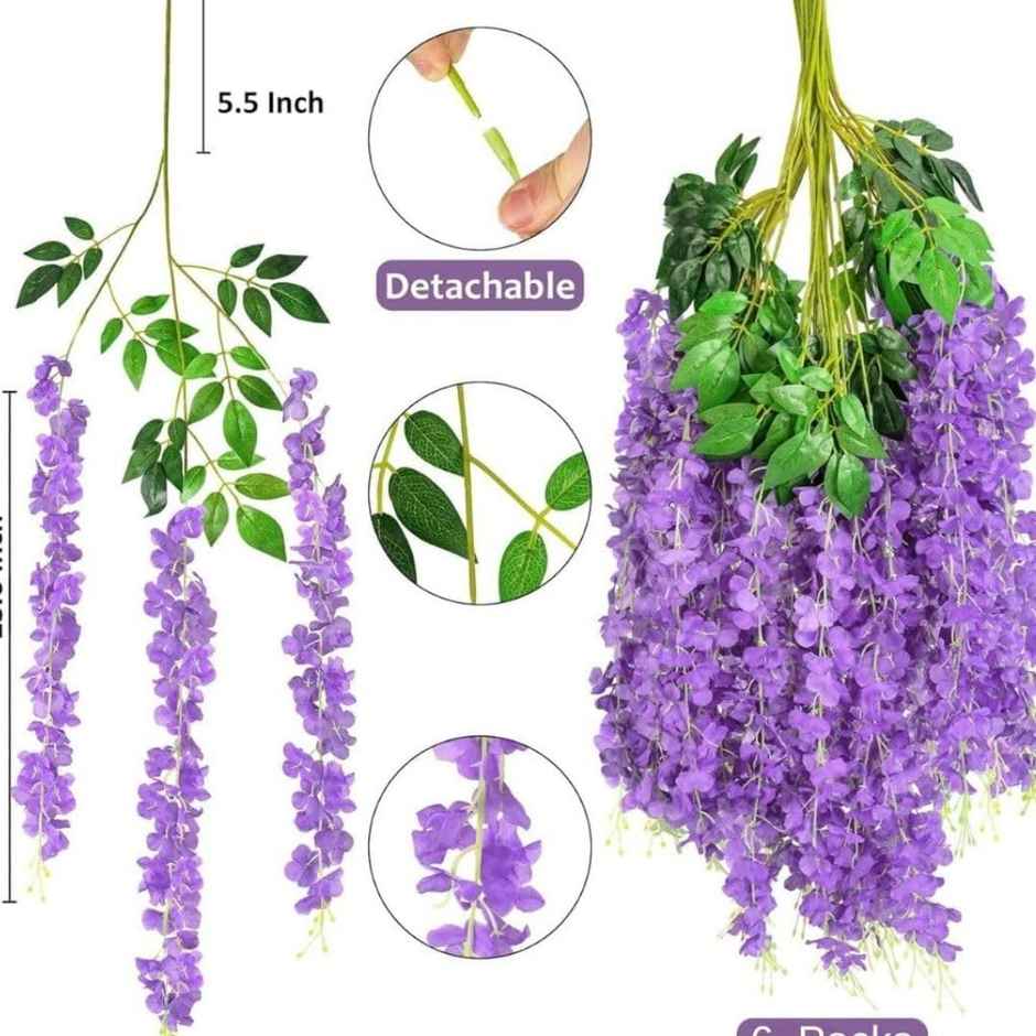 Well Art Gallery Artificial Wisteria Hanging Flowers Vines String Decorations (Pack Of 4,Purple)
