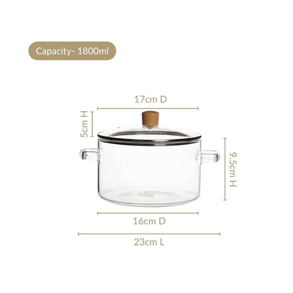 Nestasia Clear Borosilicate Glass Cooking Pot with Lid | 1800 ml