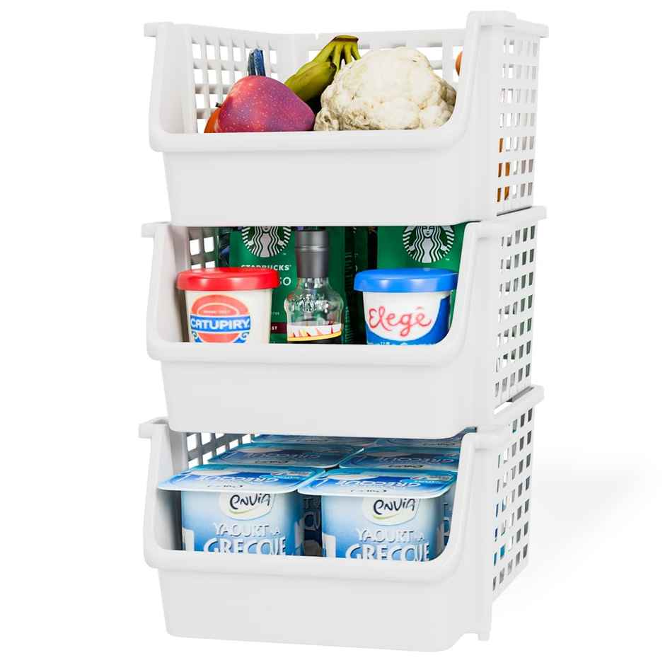 Tex-Ro White Large 3 Layer Plastic Stackable Kitchen Rack &Multi-Purpose Free Standing Cabinet