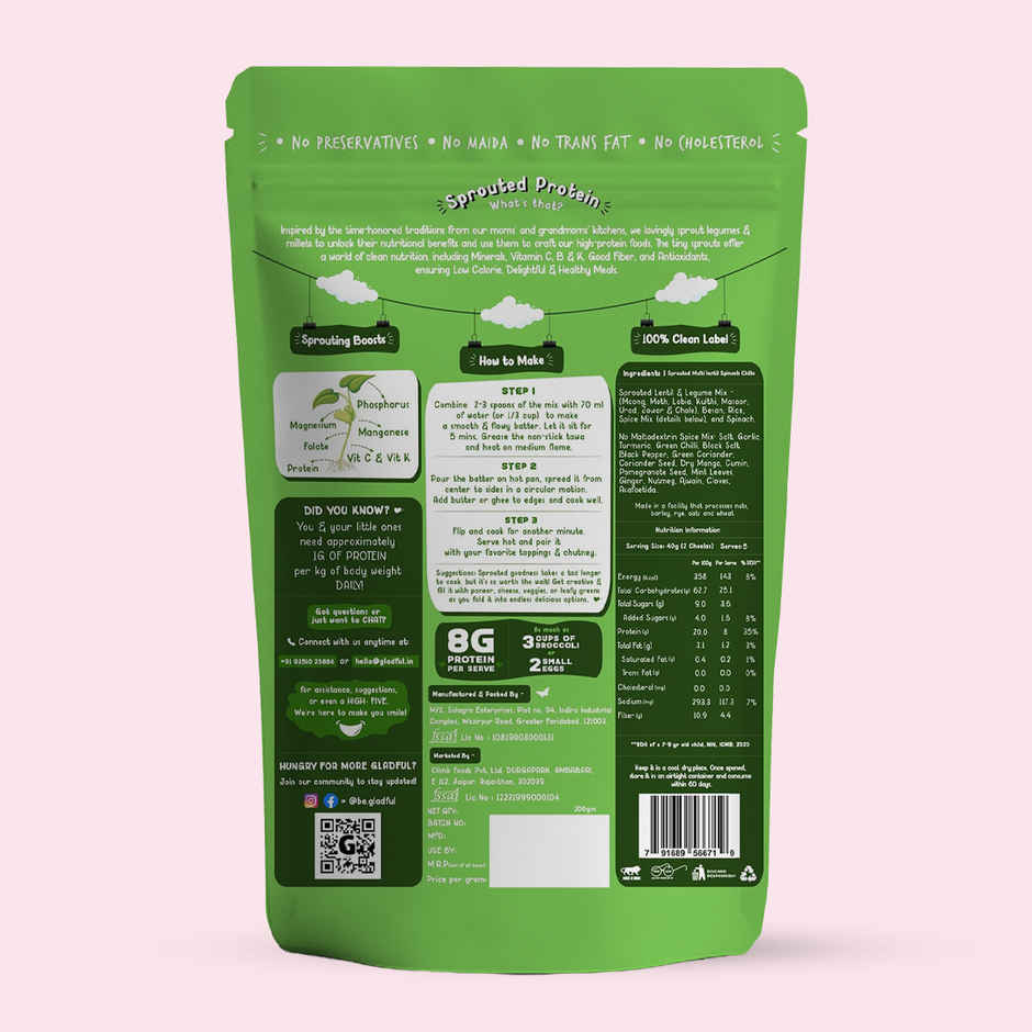 Gladful Spinach Protein Sprouted Lentils and Millets Instant Chilla Mix