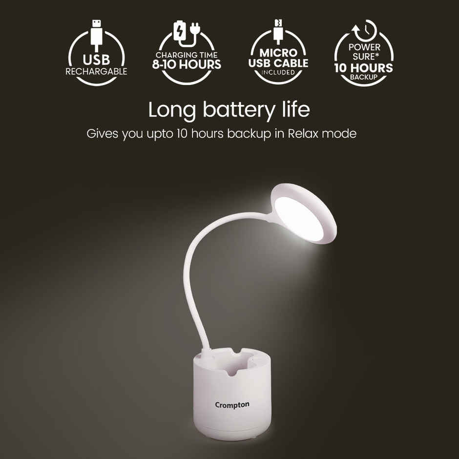 Crompton Rovello 6W Led Table Lamp | Rechargeable Upto 10 Hours Battery Back Up 360 Degree Flexible