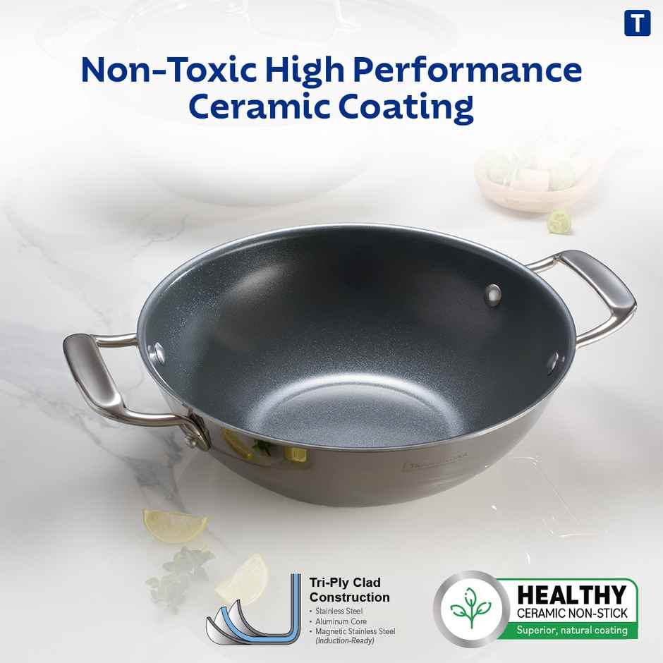 Tramontina Fusao Triply Ceramic Kadai | 20 cm | Stainless Steel Lid | Induction Compatible