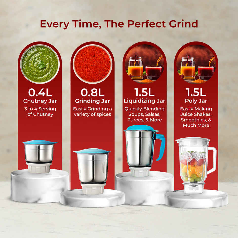 Cadlec Jarsphere 4 Jar 750W Mixer Grinder | High-Power Juicer, Blender & Mixer | Durable ABS Body | Blue