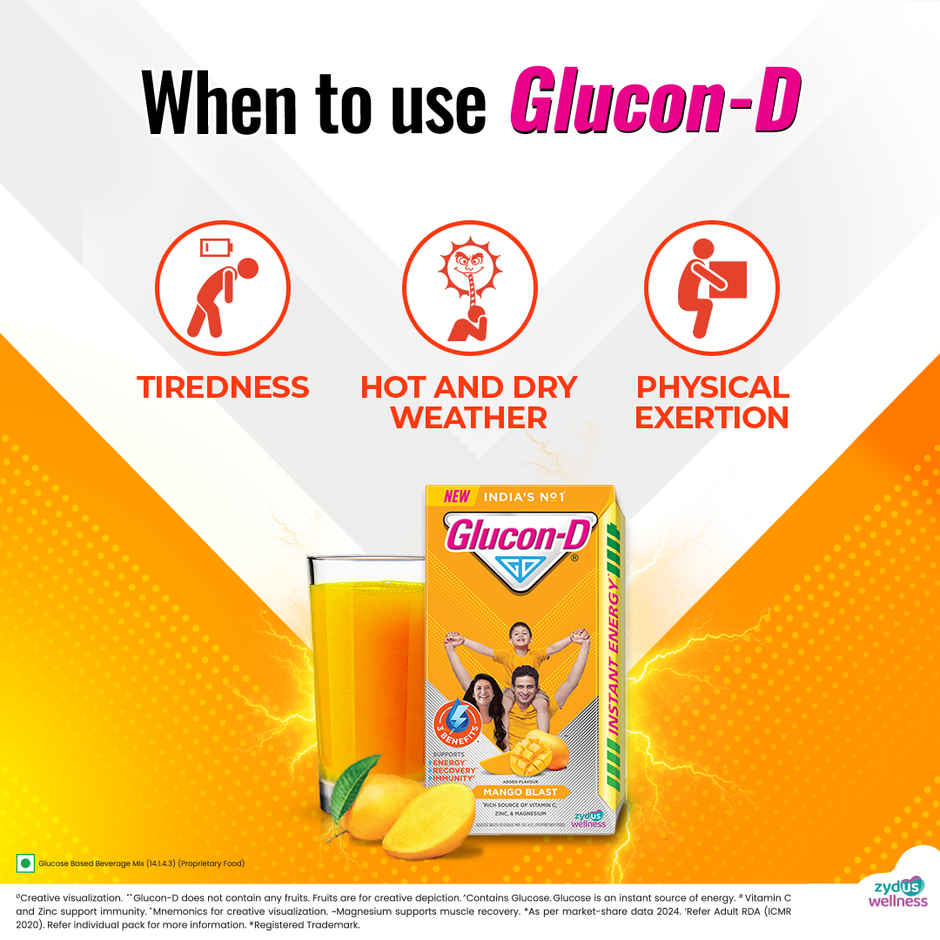 Glucon-D Mango Blast with 3 Benefits of Energy, Recovery, and Immunity (Get 250 g Pack Free)