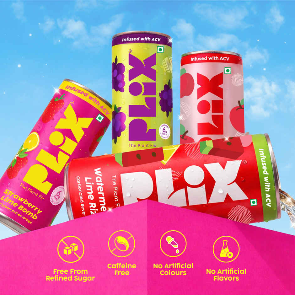 Plix Strawberry Lime Bomb Fizzy Soft Drink Can|Low Calorie & Zero Sugar|Prebiotics with 6g Fibre