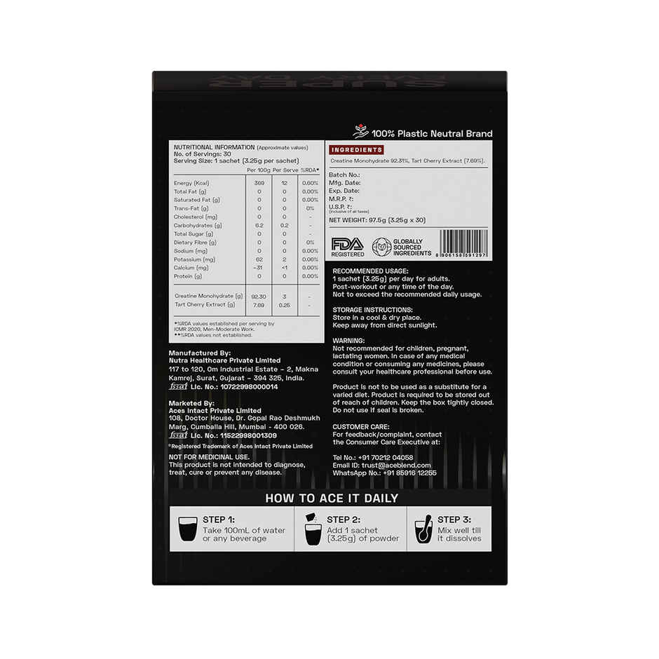 Ace Blend Creatine Tart Cherry Sachets | Fast Absorption Muscle Fuel | 30 Servings