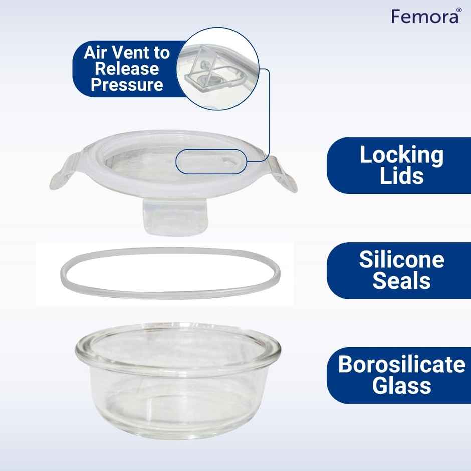 Femora Borosilicate Round Glass Food Storage Container With Air Vent Lid -580 ml