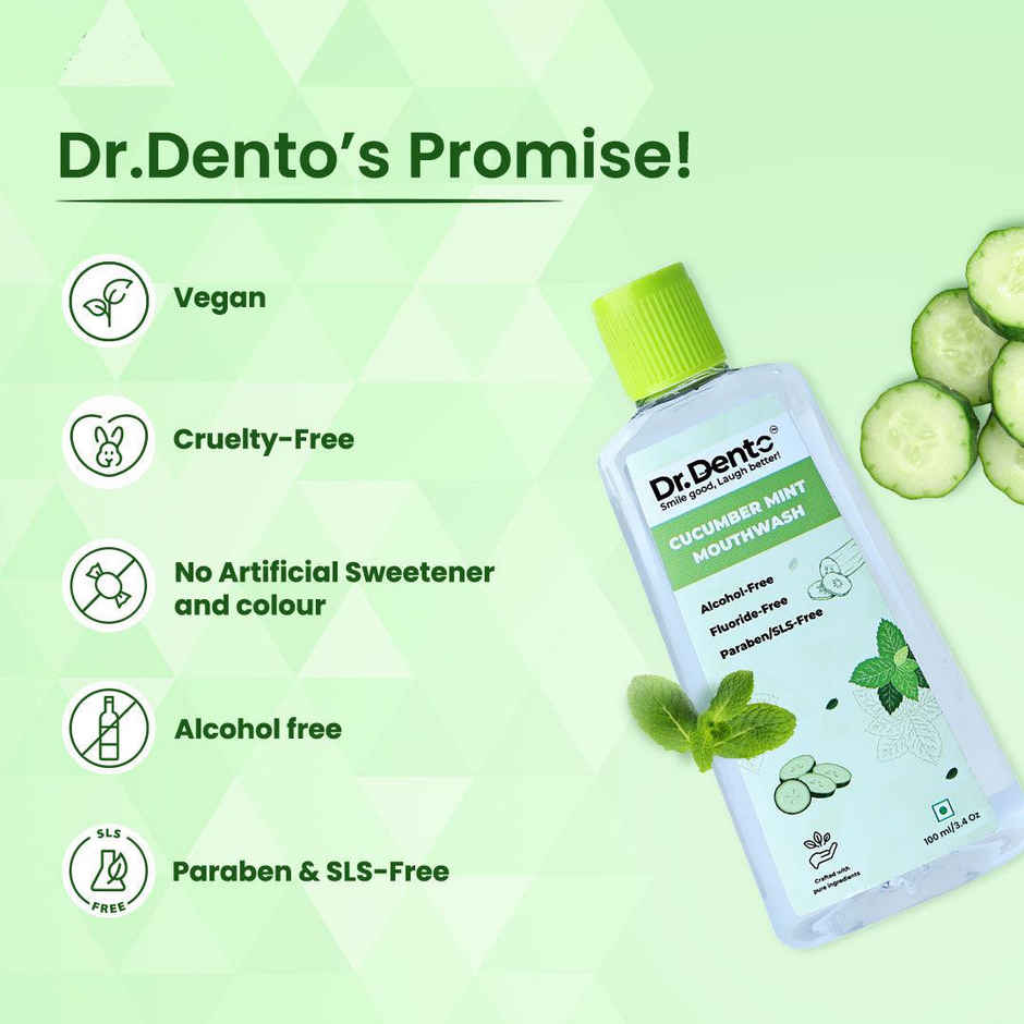 Dr.Dento Alcohol Free Cucumber Mint Mouthwash with Vitamin C & Hyaluronic Acid For Fresh Breath