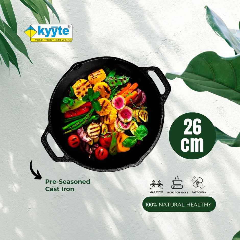 Kyyte Cast Iron Pre Seasoned Grill Skillet/ Kadai Pan 26cm Dia 10 Inch2 Side Handle