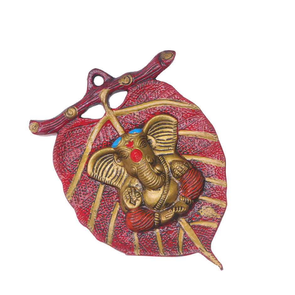 Ganesh Ji on Red Leaf Wall Hanging in Gold Polish | Devnidhi