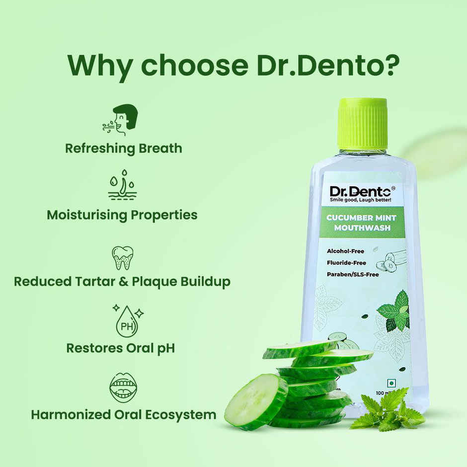Dr.Dento Alcohol Free Cucumber Mint Mouthwash with Vitamin C & Hyaluronic Acid For Fresh Breath
