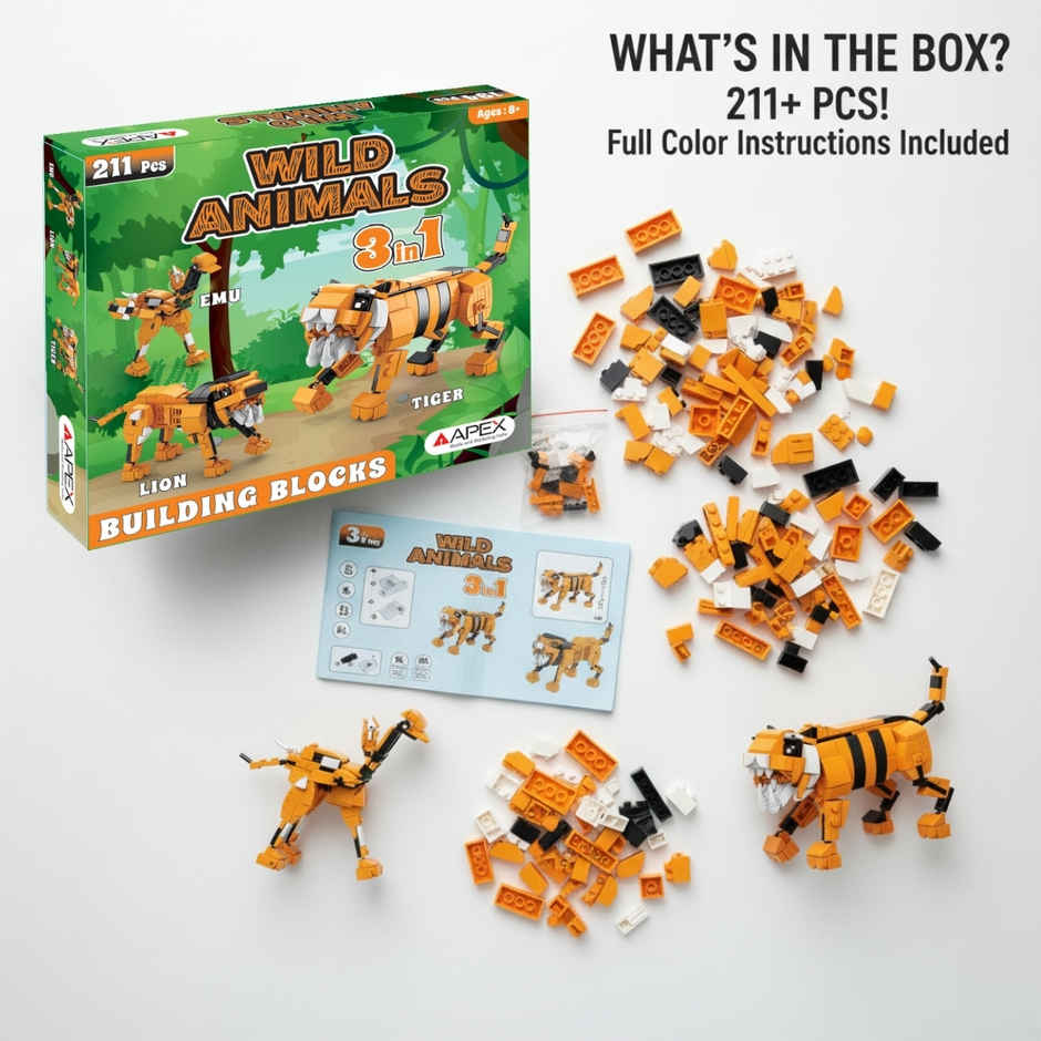 Apex Wild Animals Building Blocks 211 Pieces | Tiger, Lion & Emu