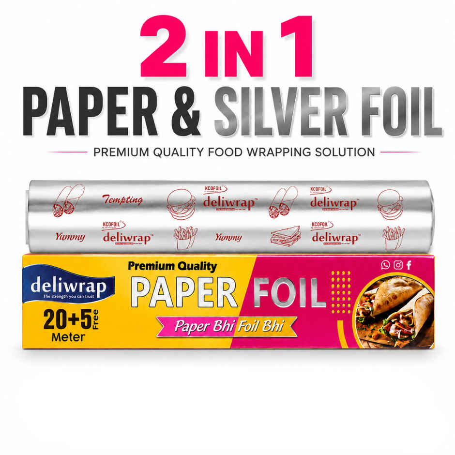Deliwrap 2-in-1 Paper & Aluminium Foil Roll | 20+5 m | Greaseproof | Heat Retention | Food Wrap