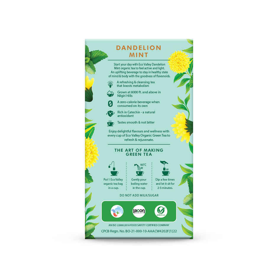 Eco Valley Organic Green Tea- Dandelion Mint| Boost Energy, Helps Burn Body Fat| Zero Calories