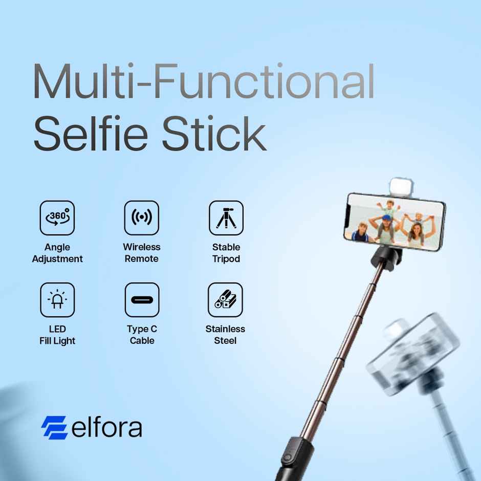 Elfora Mobile Phone Stand Extendable Bluetooth Selfie Stick Tripod with Light | Black