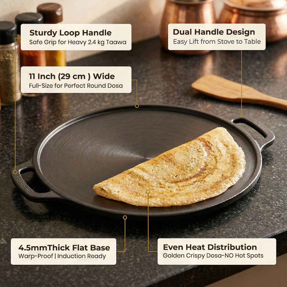 Solara Pre Seasoned Cast Iron Tawa For Dosa 12" Inch(30 Cm), 100% Pure And Toxin-Free Tawa