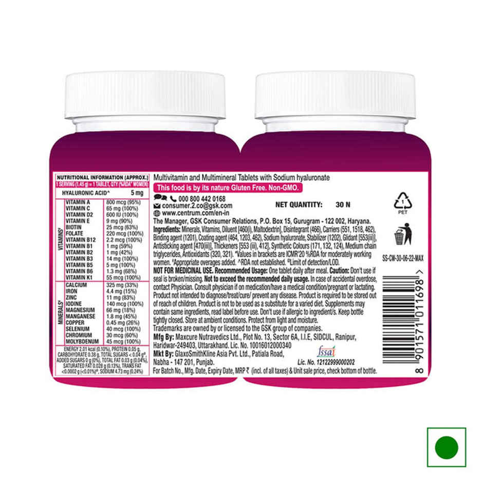 Centrum Multivitamin for Women, Hyaluronate & 23 Vitamins & Minerals (Energy, Immunity, Skin) - 30 Veg Tabs