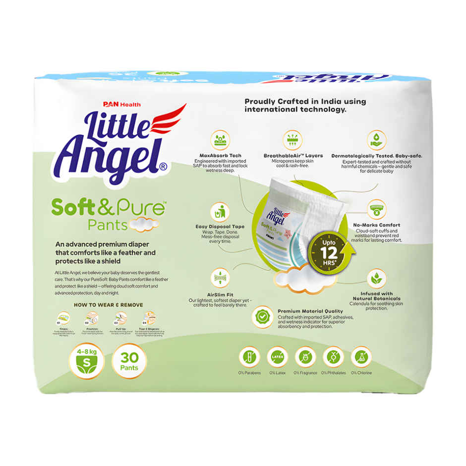 Little Angel Soft Pure Baby Diaper Pants 12 Hours Absorption | Small | 4 to 8 kg