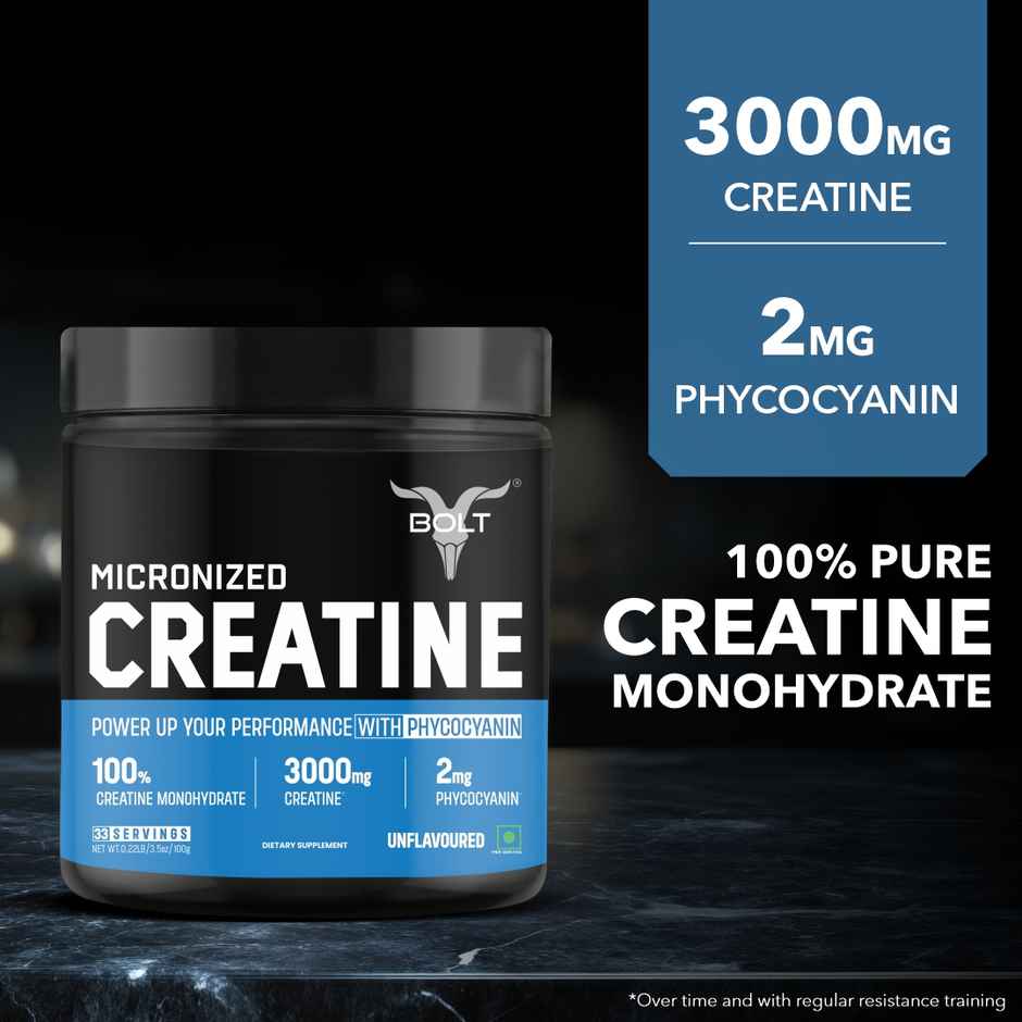 Bolt Micronised Creatine Monohydrate 3000 Powder|With Phycocyanine|Unflavored