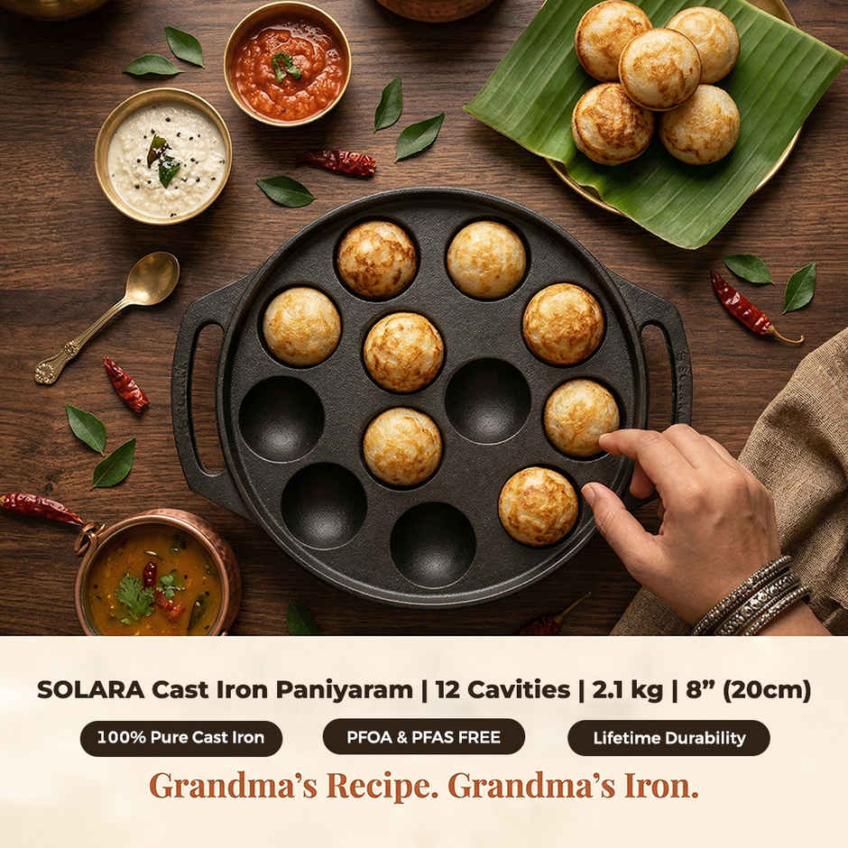 Solara Essentials Pre Seasoned 12 Cavity Cast Iron Paniyaram | 20 cm | Black