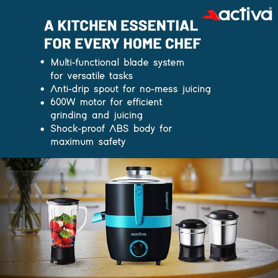 Activa Juicomatic Powerful 600 Watt Juicer Mixer Grinder,3 Jar, 600 Watts - Black