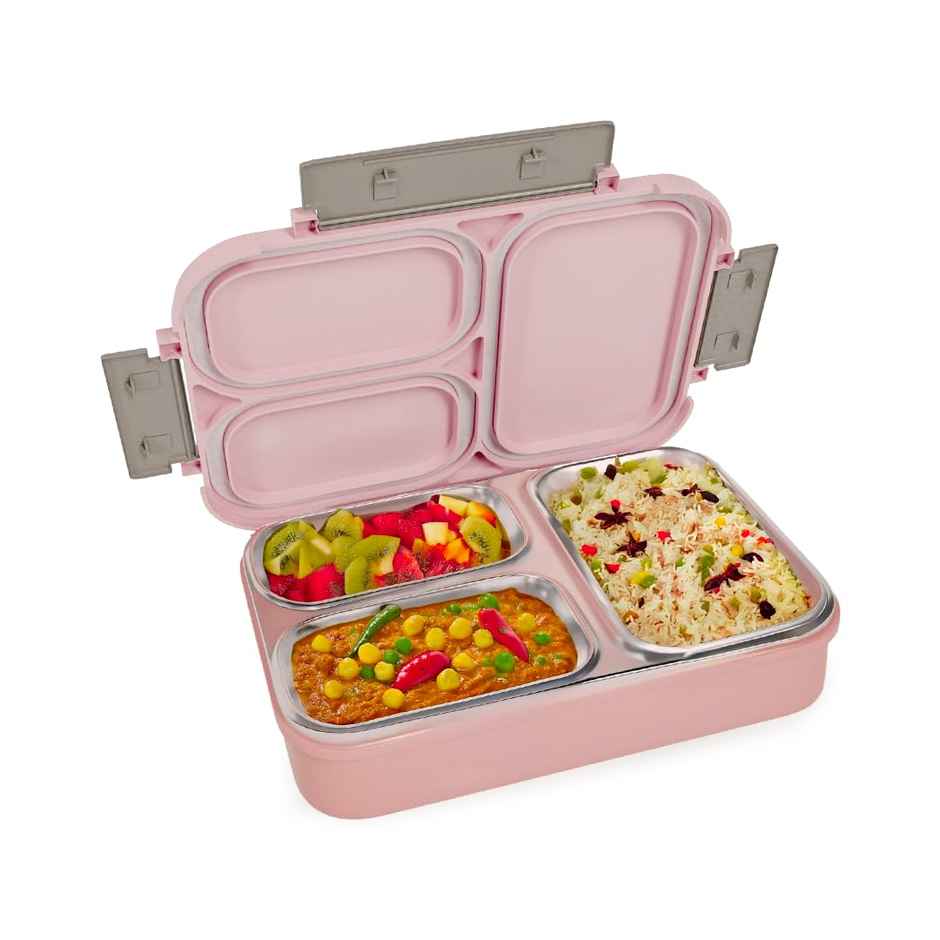 Tex-Ro Pink 2 Compartment Microwave Safe, Lockable Stainless Steel & Plastic Tiffin Box 700 ml