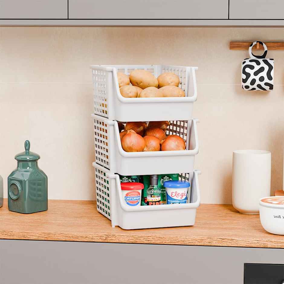 Tex-Ro White Large 3 Layer Plastic Stackable Kitchen Rack &Multi-Purpose Free Standing Cabinet