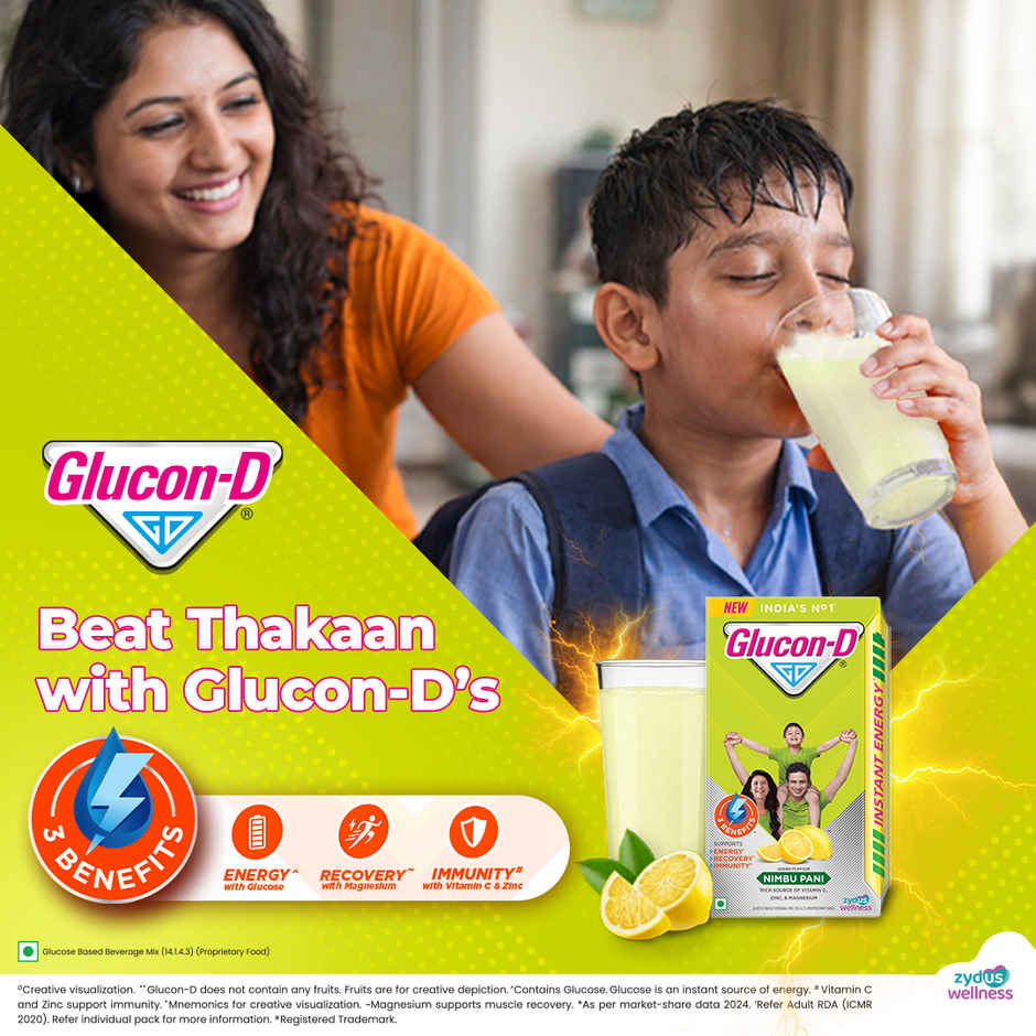 Glucon-D Nimbu Pani with 3 Benefits of Energy, Recovery, and Immunity