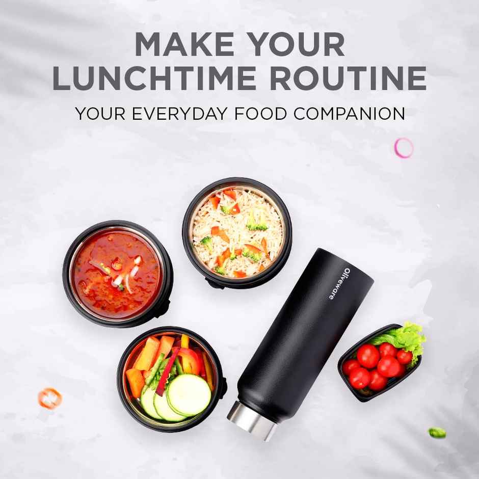 Oliveware Teso Pro Lunch Box Steel 290 ml 450 ml & 600 ml Pickle Box 130 ml Bottle 750 ml Black