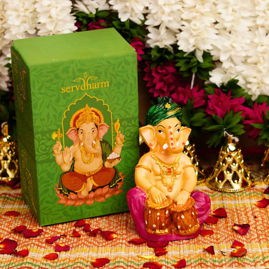 Green Pagdi Ganesha Playing Tabla | Resin Idol | 5 inch | ServDharm