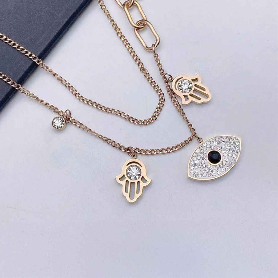 SALTY Evil Eye Hamsa Layered Necklace Pendant for Women and Girls| Anti-Tarnish | Rose Gold