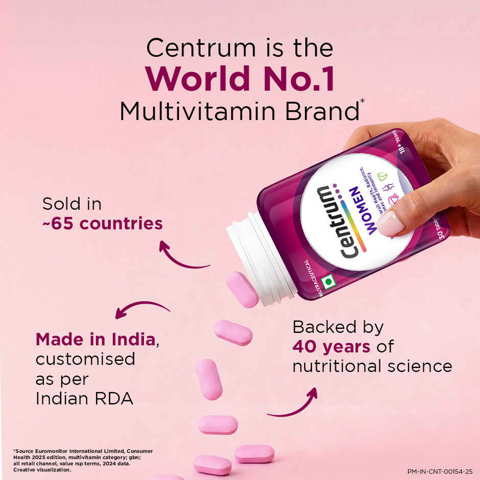 Centrum Multivitamin for Women, Hyaluronate & 23 Vitamins & Minerals (Energy, Immunity, Skin) - 30 Veg Tabs