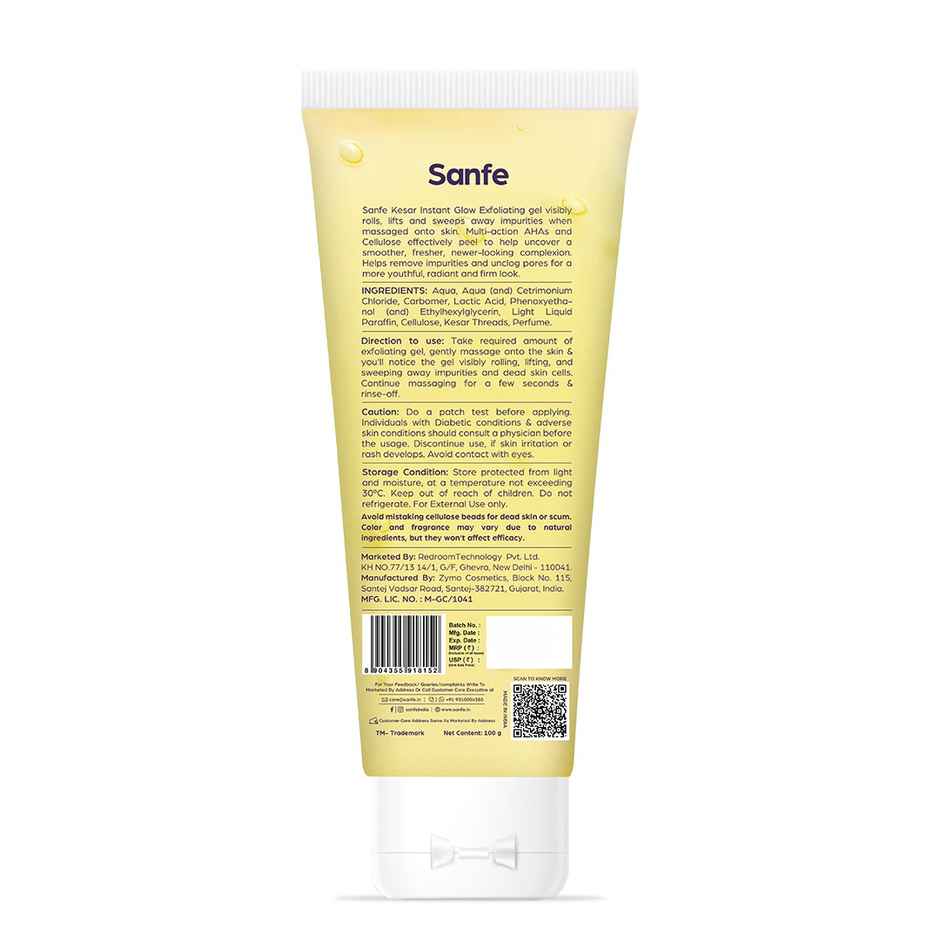 Sanfe Kesar Instant Glow Exfoliating Gel - Visibly Removes Tan, Brighten Skin, AHA Exfoliation