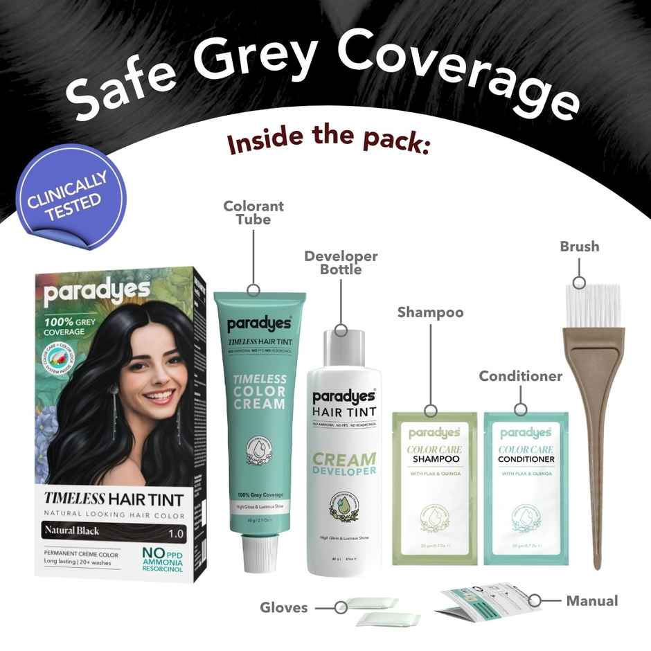 Paradyes Natural Black Timeless Hair Tint, Permanent Creme Hair Colour - 1.0 Natural Black