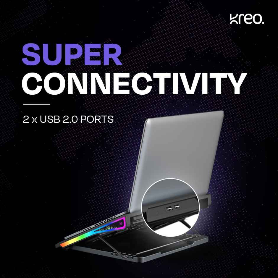 Kreo Tundra 5 Fans Rgb Laptop Cooling Pad With Dual Usb Port,5 Adjustable Height Angles Lcd Display