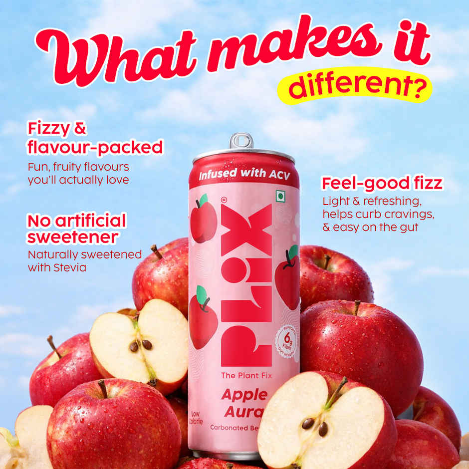 Plix Apple Aura Fizzy Soft Drink Can | Low Calorie & Zero Sugar | Prebiotics with 6g Fibre