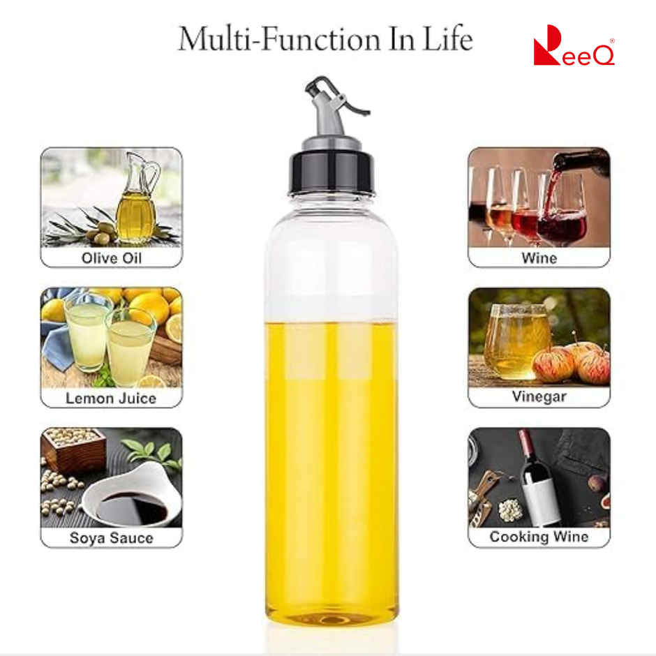 ReeQ 1000ml Oil Dispenser Bottle for Kitchen | Transparent BPA-Free Leak-Proof Lid - Black Lid