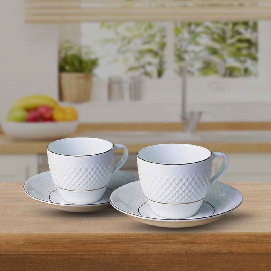 Femora Double Gold Line Diamond Cut White Ceramic Tea Cup Set With Saucer 200 ml, 2 Cups, 2 Saucers