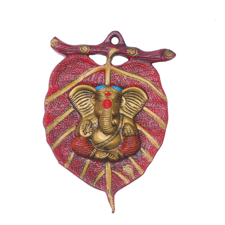 Ganesh Ji on Red Leaf Wall Hanging in Gold Polish | Devnidhi
