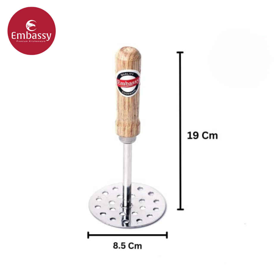 Embassy Pav Bhaji Masher, Size 3 (Wood Handle), Stainless Steel (Mashing Vegetables, Baby Food etc.)