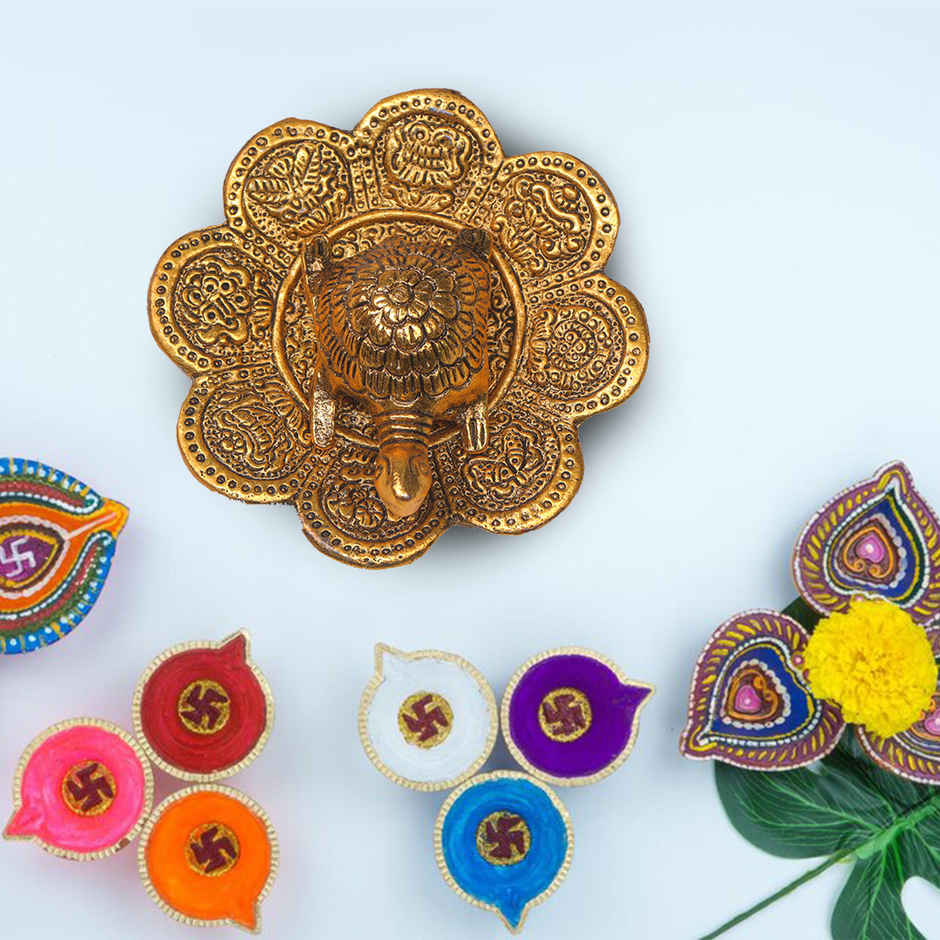 Tortoise/ Turtle/Kachua on Flower Plate Vastu Feng Shui in Gold Polish | Devnidhi
