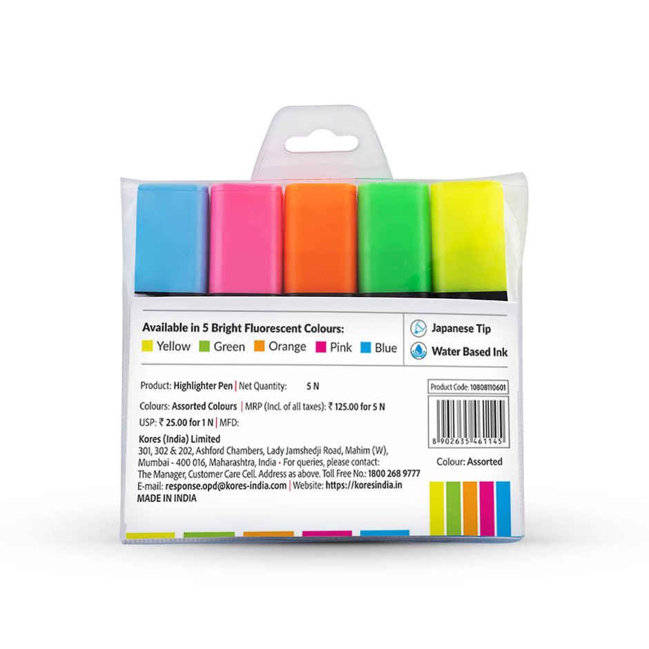 Kores Smoothline Plus Highlighter Pen | Assorted Pack of 5 Colours