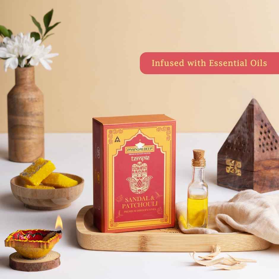 Temple Premium Bambooless Dhoop Cones | Sandalwood and Patchouli Fragrance | Mangaldeep
