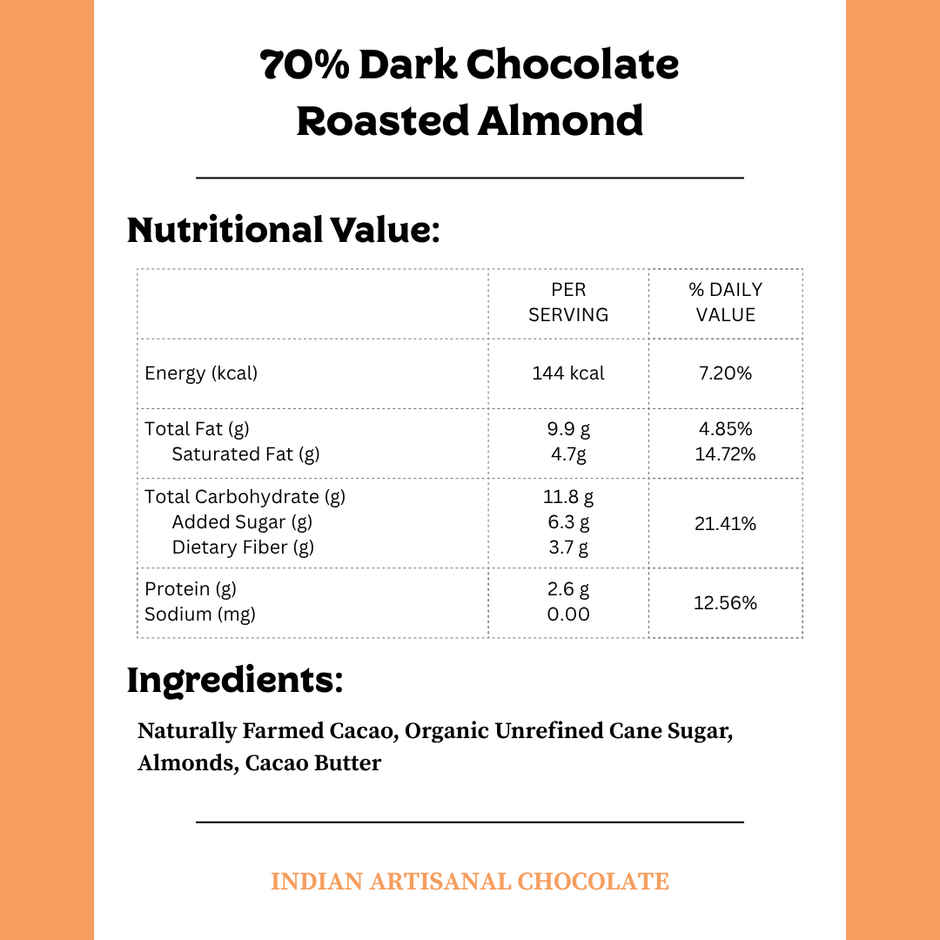 Darkins Indian Artisanal 70% Dark Roasted Almonds Chocolate