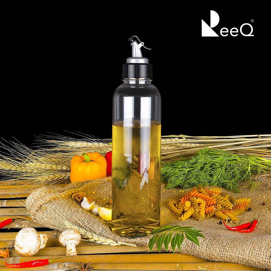 ReeQ 1000ml Oil Dispenser Bottle for Kitchen | Transparent BPA-Free Leak-Proof Lid - Black Lid