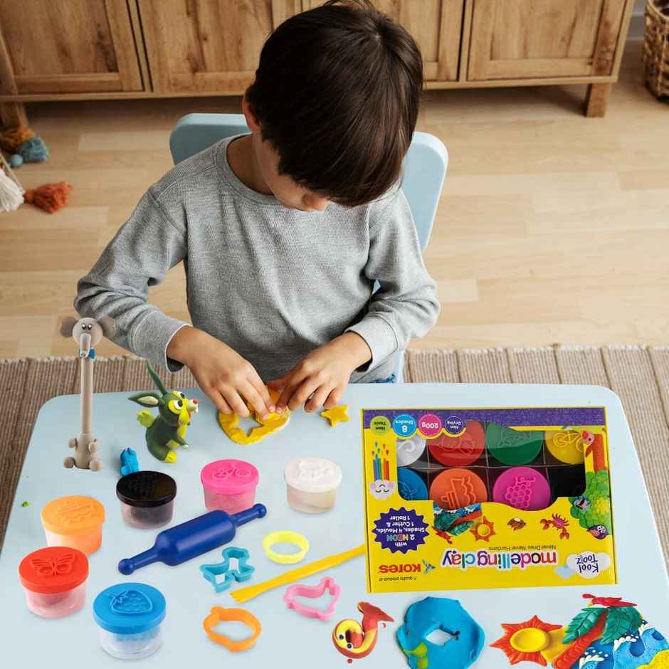 Kores Modelling Clay | 8 Shades | 4 Moulds | 1 Roller | 1 Cutter | Creative Fun